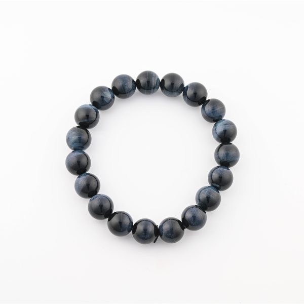 Hawk'S Eye (Blue Tiger'S Eye) 12-13Mm Polished Round Beads On 10" Length Elastic Beaded Bracelet From South Africa