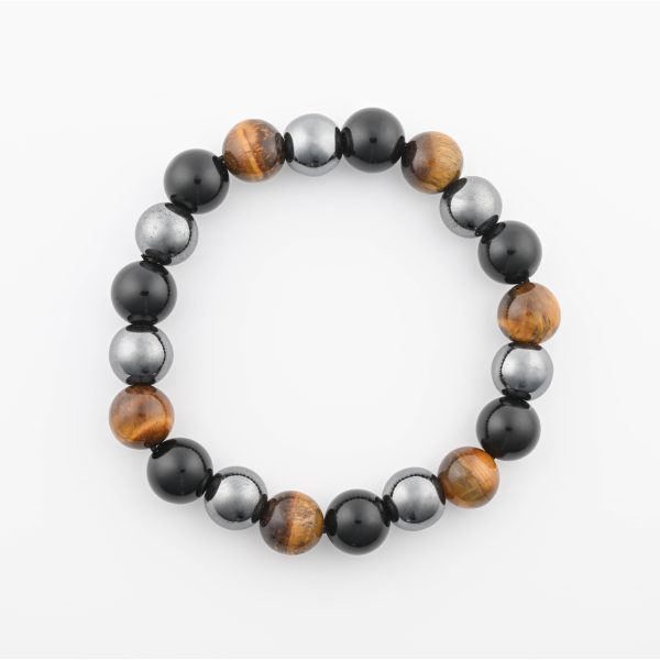 Obsidian, Tiger'S Eye & Hematite 12-13Mm Polished Round Beads On 10" Elastic Beaded Bracelet