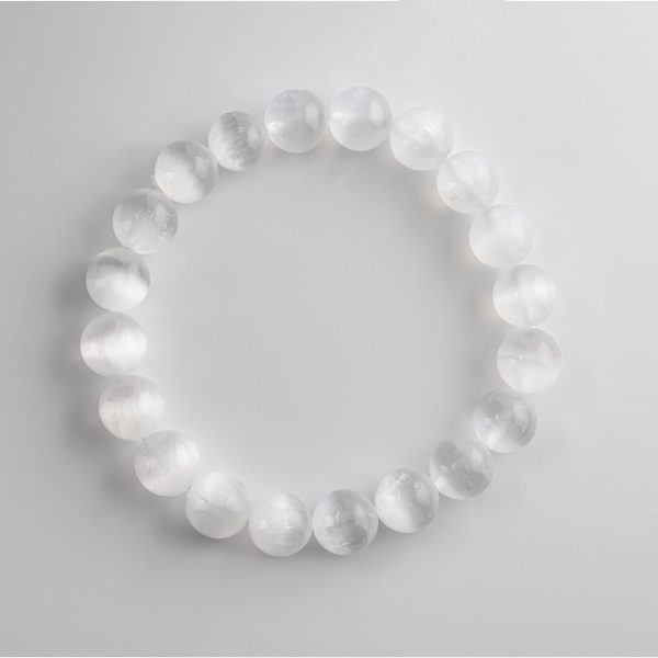 Selenite (Satin Spar) 8-9Mm Polished Round Beads On 7.5" Length Elastic Beaded Bracelet From Morocco