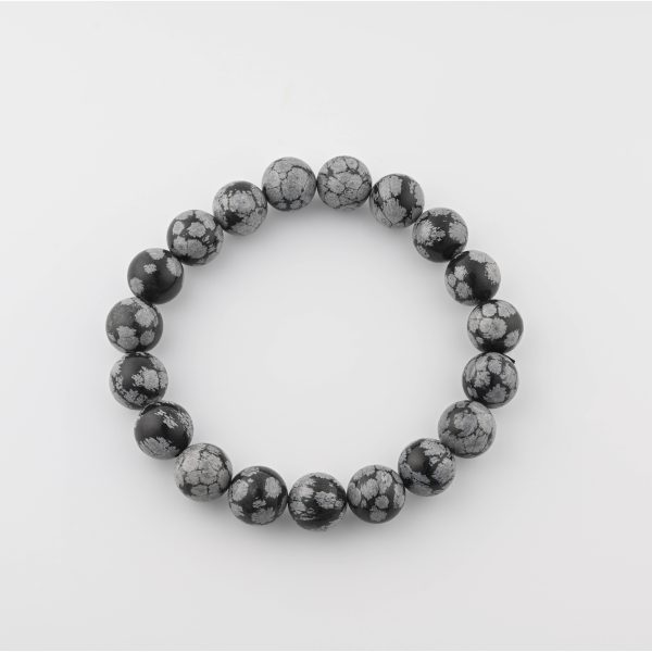 SNOWFLAKE OBSIDIAN 12-13MM POLISHED ROUND BEADS ON 10" LENGTH ELASTIC BEADED BRACELET FROM MEXICO
