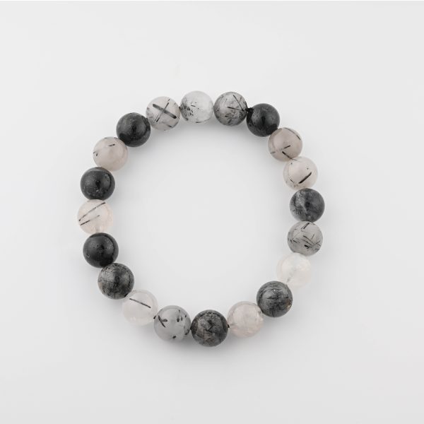Black Tourmalinated Quartz (Schlor) 12-13Mm Polished Round Beads On 10" Length Elastic Beaded Bracelet From Brazil