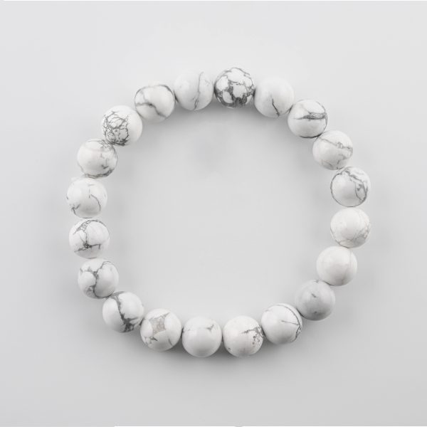 White Howlite 12Mm Polished Round Beads On 10" Length Elastic Beaded Bracelet From Ca, Usa