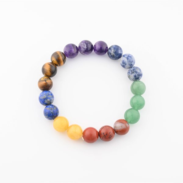 Chakra (Amethyst, Sodalite, Green/Yellow Aventurine, Tiger'S Eye, Lapis, Jasper) 12-13Mm Beads On 10" Elastic Beaded Bracelet
