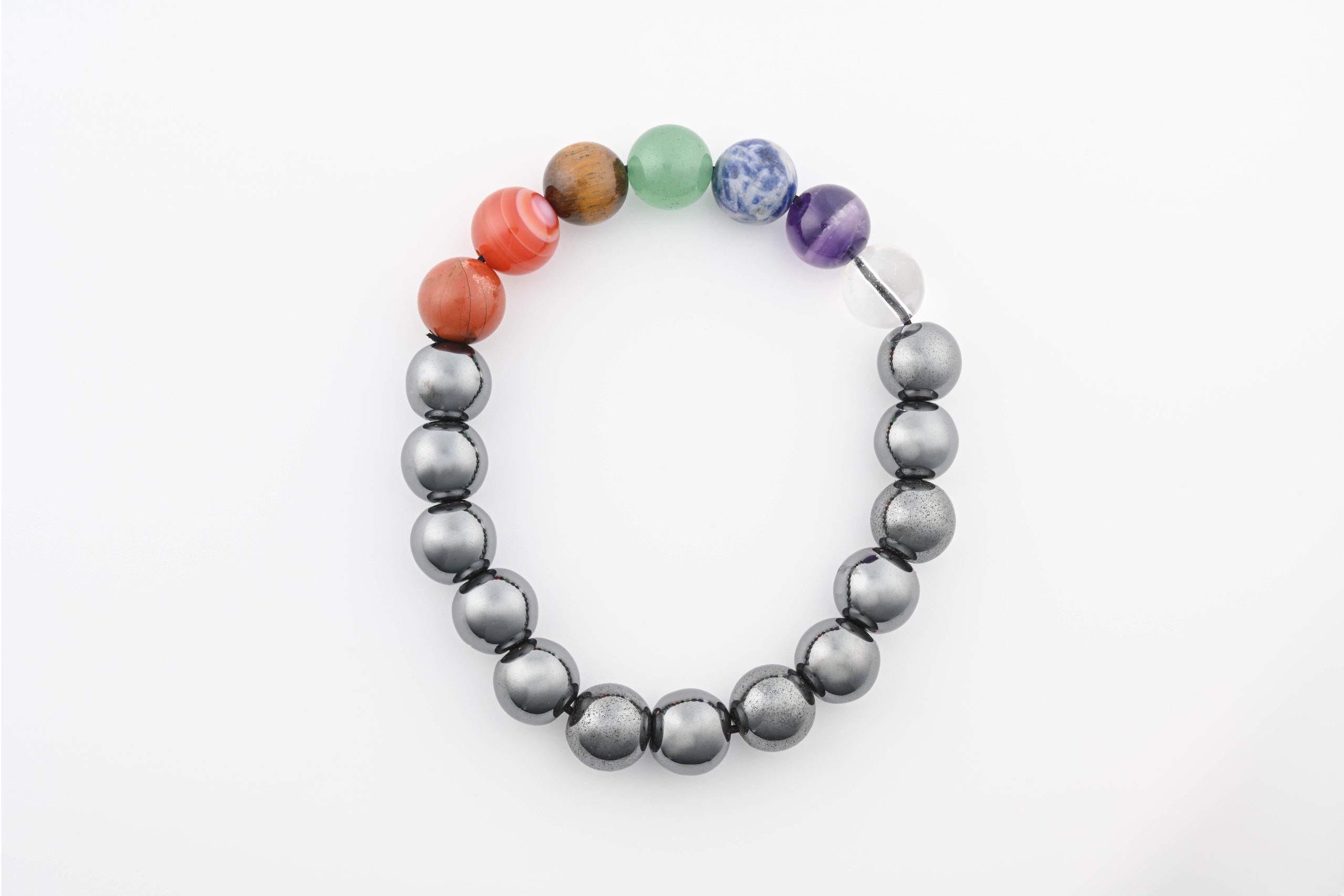 10-HMCHA-BB-HEMATITE-CHAKRA-STONES-BEADED-BRACELET-12MM-13MM-10-INCHES-GREY-RAINBOW-POLISHED-HERO-SHOT.jpg Hematite & Chakra Stones (Q, A, Sdl, Avt, Te, C, Rj) 12-13Mm Polished Round Beads On 10" Length Elastic Beaded Bracelet - Image 1