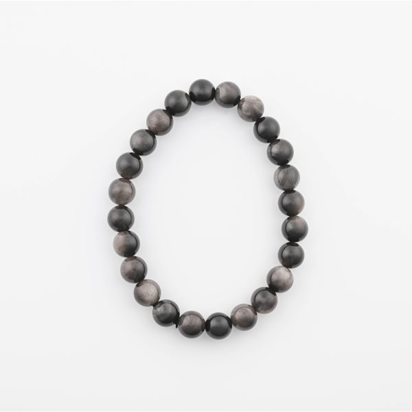 SILVER SHEEN OBSIDIAN 8-9MM POLISHED ROUND BEADS ON 7.5" LENGTH ELASTIC BEADED BRACELET FROM MEXICO