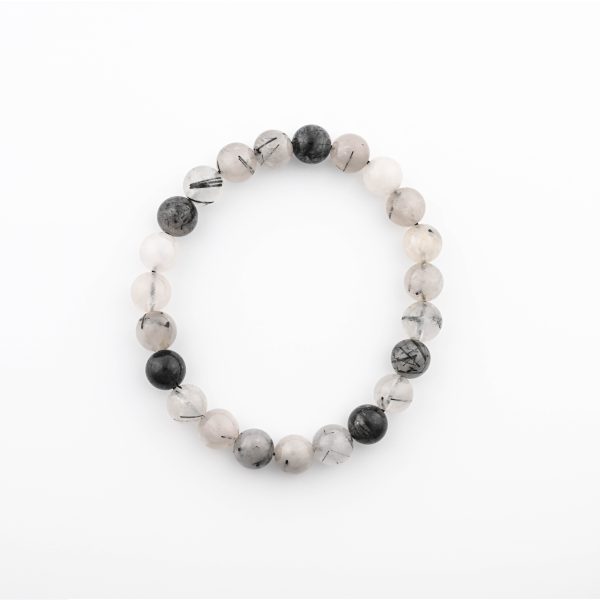 BLACK TOURMALINALTED QUARTZ (SCHLOR) 8-9MM POLISHED ROUND BEADS ON 8" LENGTH ELASTIC BEADED BRACELET FROM BRAZIL