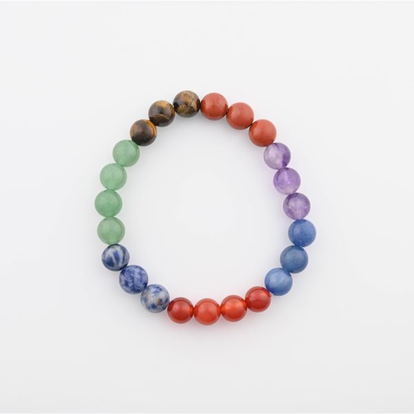 CHAKRA (AMETHYST, DUMORTIERITE, CARNELIAN, SODALITE, AVENTURINE, TIGER'S EYE, JASPER) 8-9MM BEADS ON 8" ELASTIC BEADED BRACELET