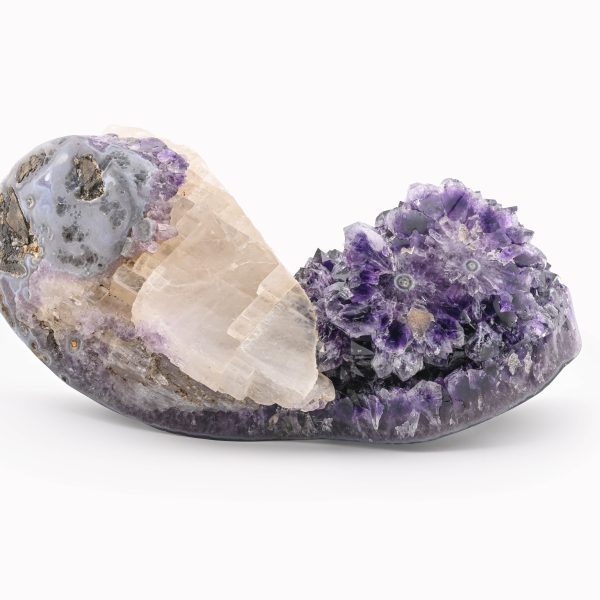 AMETHYST QUARTZ WITH STALAGMITE FLOWER & DRUZE CALITE CRYSTAL CLUSTER GEODE FROM URUGUAY