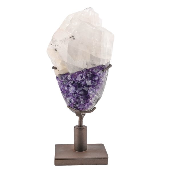 AMETHYST QUARTZ WITH DRUZE CALCITE CRYSTAL CLUSTER GEODE ON CUSTOM OSCILLATING STAND FROM URUGUAY