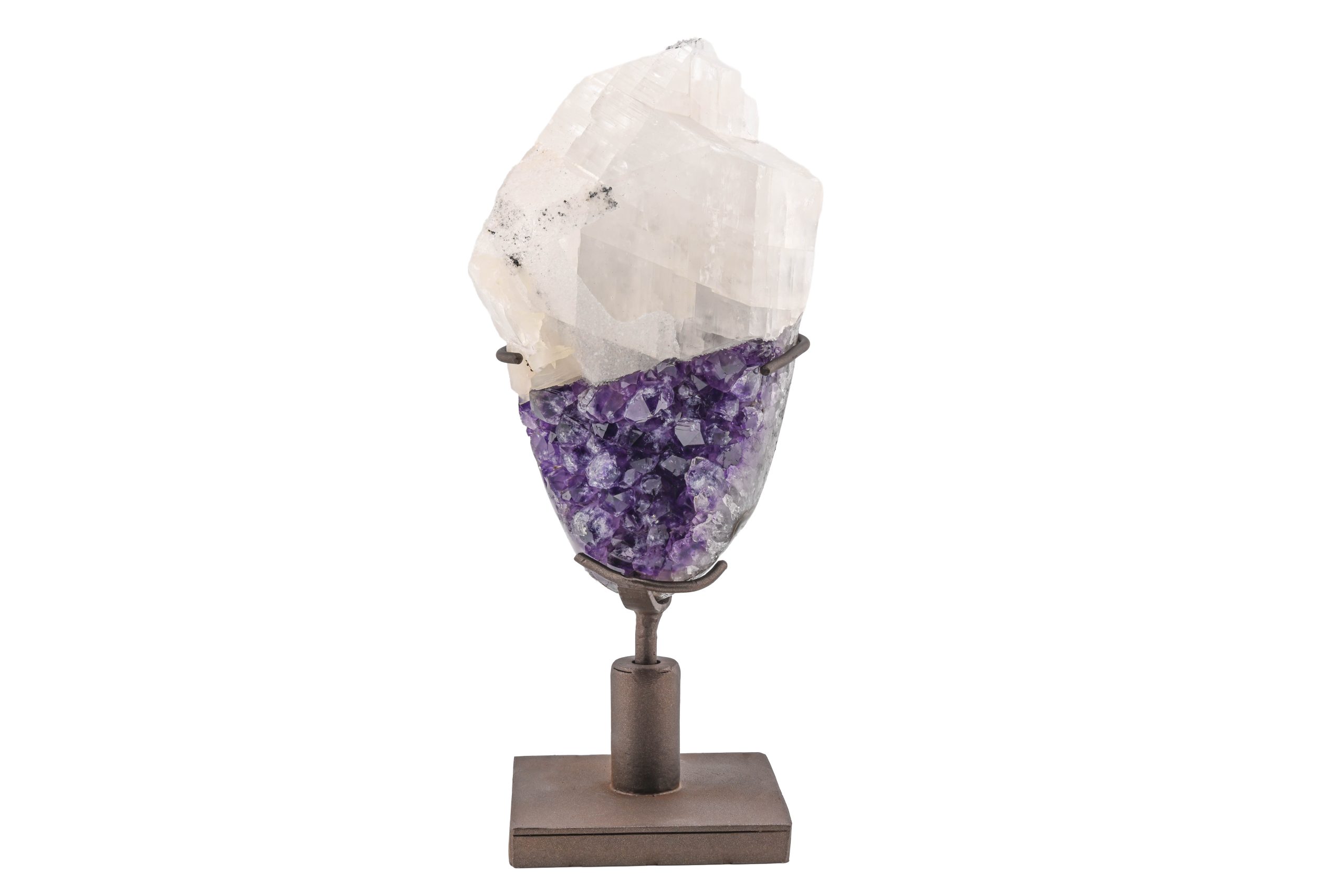 A-GS-1-AMETHYST-AND-CALCITE-CRYSTAL-CLUSTER-ON-IRON-STAND-PURPLE-WHITE ...