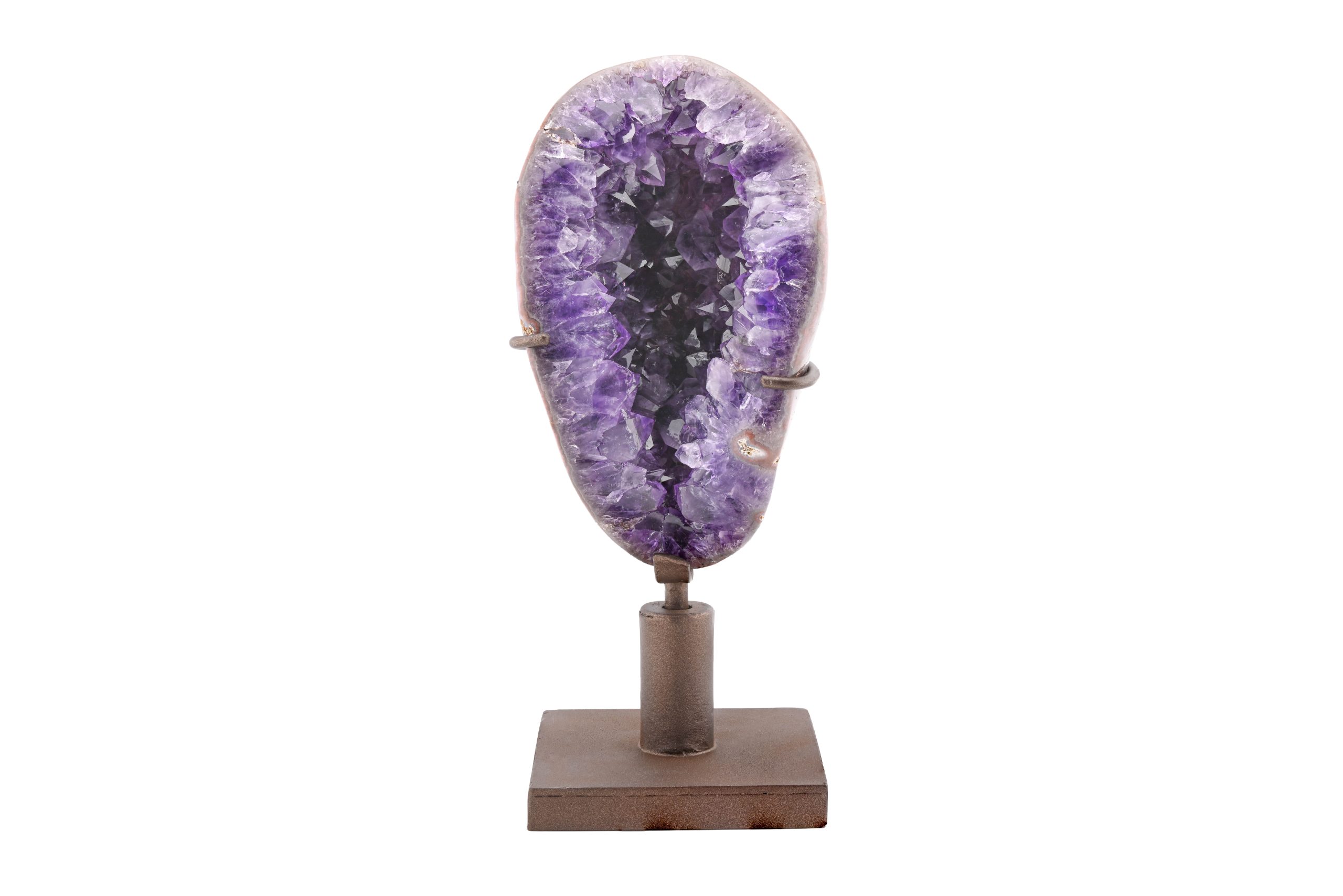 A-GS-2-AMETHYST-CRYSTAL-CLUSTER-ON-IRON-STAND-PURPLE-URUGUAY-RAW-FRONT-BAREFOOT-NATIVE-2-1.jpg AMETHYST QUARTZ CRYSTAL CLUSTER GEODE ON CUSTOM OSCILLATING STAND FROM URUGUAY - Image 1
