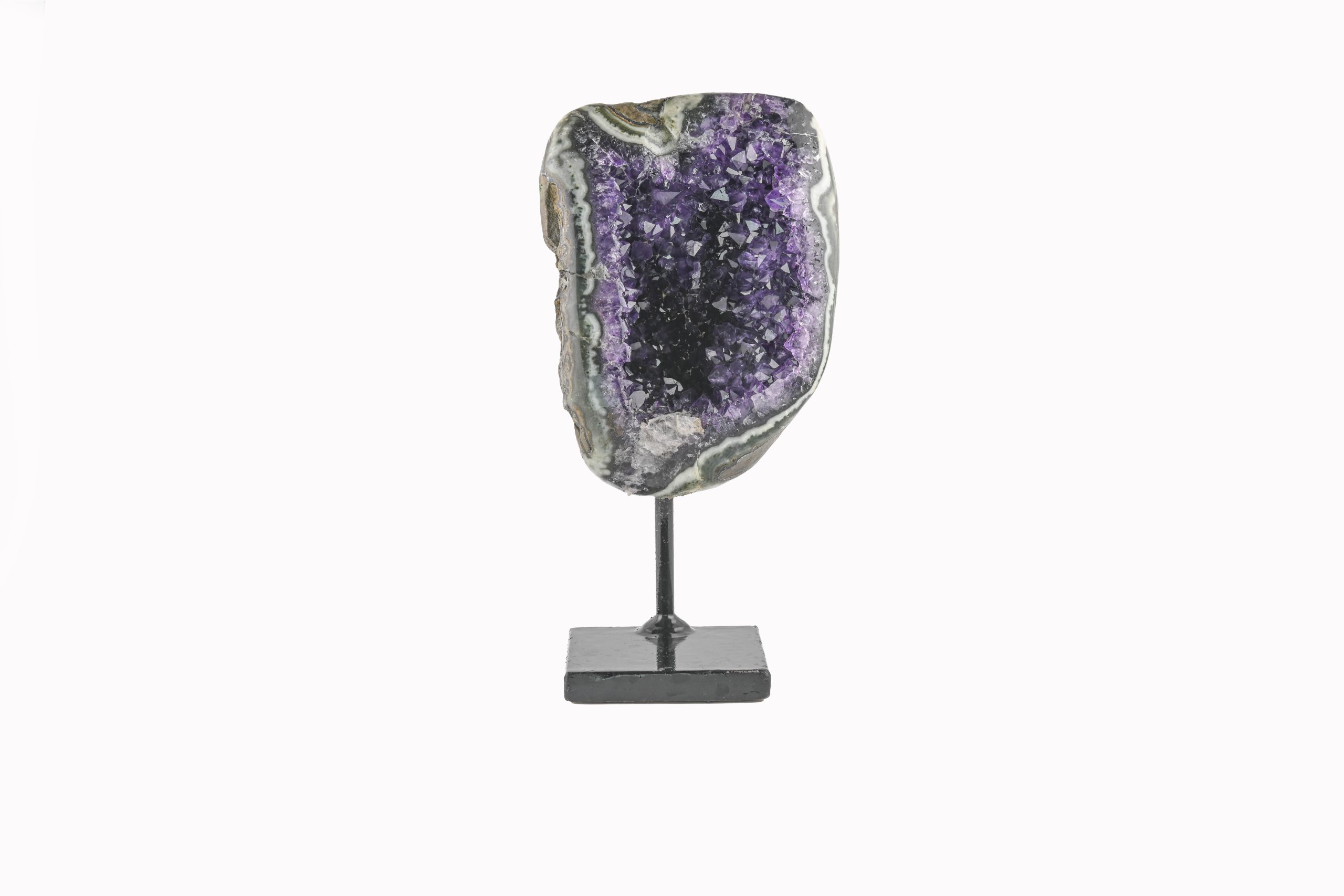 A-SD-3-AMETHYST-GEODE-CLUSTER-ON-METAL-STAND-PURPLE-URUGUAY-RAW-FRONT-1.jpg AMETHYST WITH CALCITE & MOSS AGATE POLISHED GEODE CRYSTAL CLUSTER ON CUSTOM STAND FROM BRAZIL - Image 1