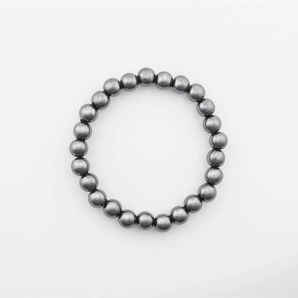 HEMATITE 8-9MM ROUND BEADS ON 8” LENGTH ELASTIC BEADED BRACELET