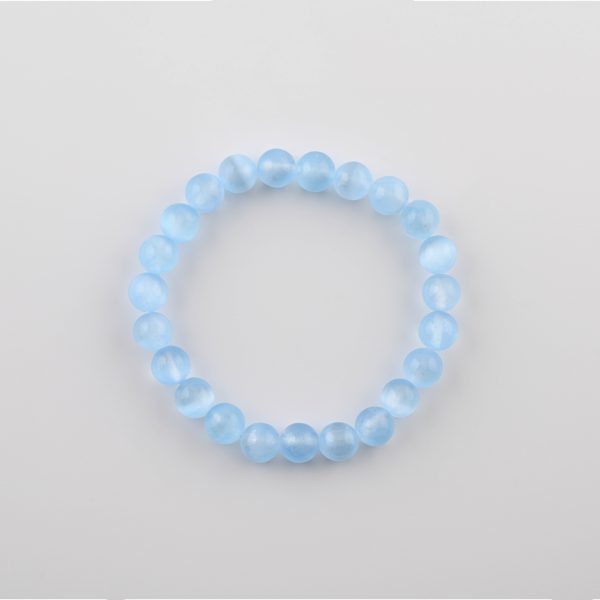 Blue Selenite (Satin Spar) 8-9Mm Polished Round Beads On 7.5" Length Elastic Beaded Bracelet From Morocco