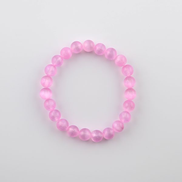 Pink Selenite (Satin Spar) 8-9Mm Polished Round Beads On 7.5" Length Elastic Beaded Bracelet From Morocco