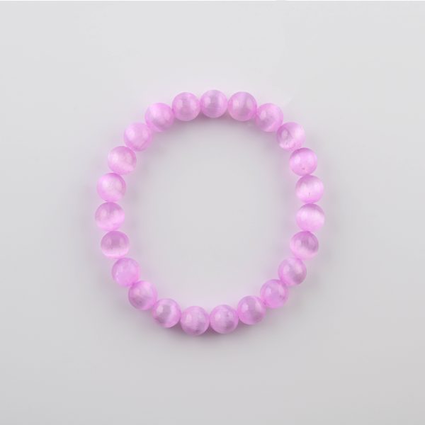 Purple Selenite (Satin Spar) 8-9Mm Polished Round Beads On 7.5" Length Elastic Beaded Bracelet From Morocco
