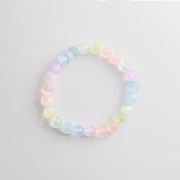 Rainbow Selenite (Satin Spar) 8-9Mm Polished Round Beads On 7.5" Length Elastic Beaded Bracelet From Morocco