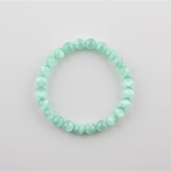 Teal Selenite (Satin Spar) 8-9Mm Polished Round Beads On 7.5" Length Elastic Beaded Bracelet From Morocco