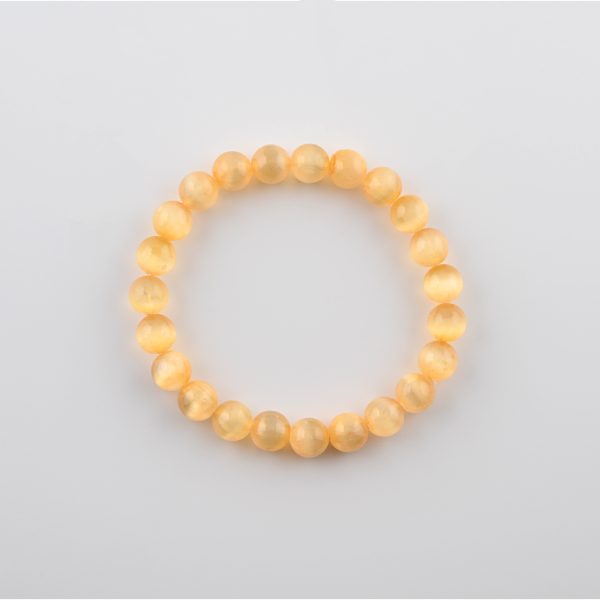 Yellow Selenite (Satin Spar) 8-9Mm Polished Round Beads On 7.5" Length Elastic Beaded Bracelet From Morocco