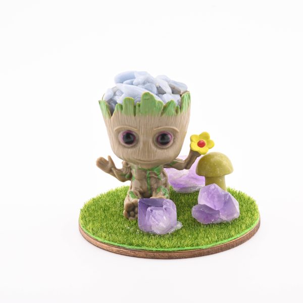 Baby Groot With Stone Chips In Resin, 3 Amethyst Points & Assorted Mini Mushroom - Angelite From Peru