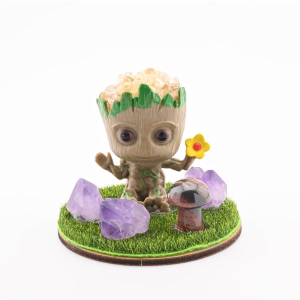 Baby Groot With Stone Chips In Resin, 3 Amethyst Points & Assorted Mini Mushroom - Citrine Quartz From Brazil