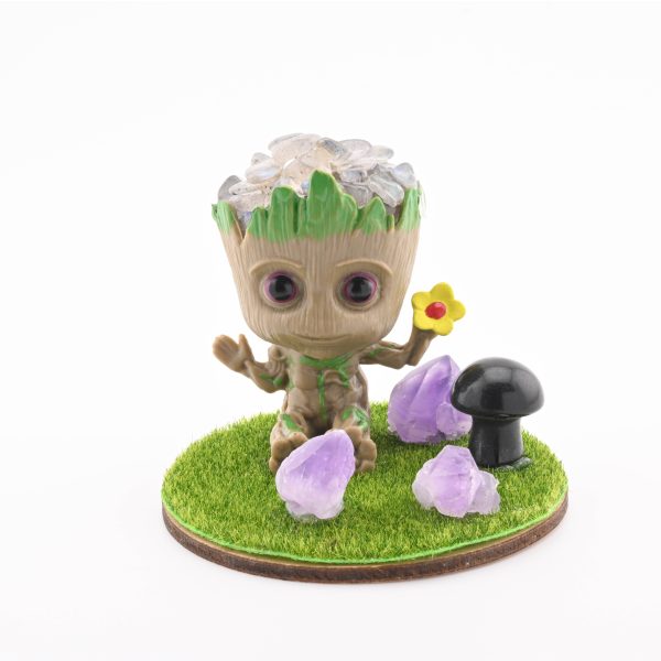 Baby Groot With Stone Chips In Resin, 3 Amethyst Points & Assorted Mini Mushroom - Labradorite From Madagascar