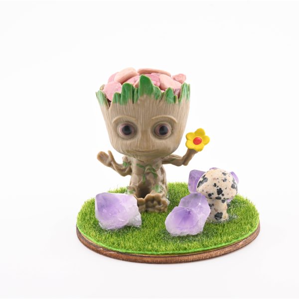 Baby Groot With Stone Chips In Resin, 3 Amethyst Points & Assorted Mini Mushroom - Rhodonite From Russia