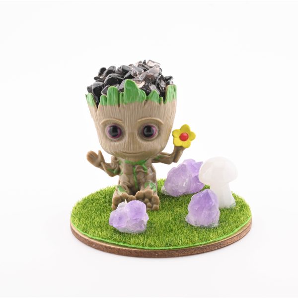 Baby Groot With Stone Chips In Resin, 3 Amethyst Points & Assorted Mini Mushroom - Smoky Quartz From Brazil