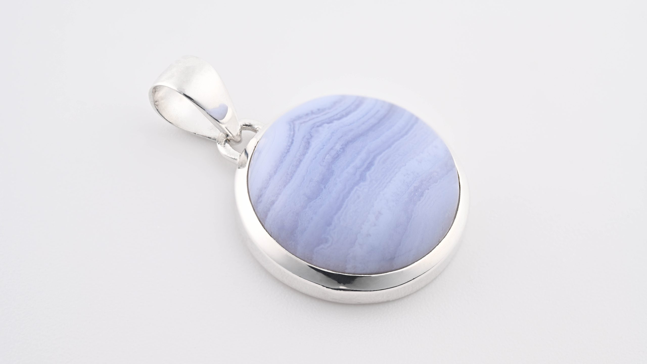 BLA-PP-LC-BLUE-LACE-AGATE-CIRCLE-PENDANT-STERLING-SILVER-BLUE-NAMIBIA-POLISHED-LEFT-SIDE-BAREFOOT-NATIVE.jpg Blue Lace Agate (Namibia) Polished Stone on 0.925 Sterling Silver Pendant - Large Circle Stone - Image 1