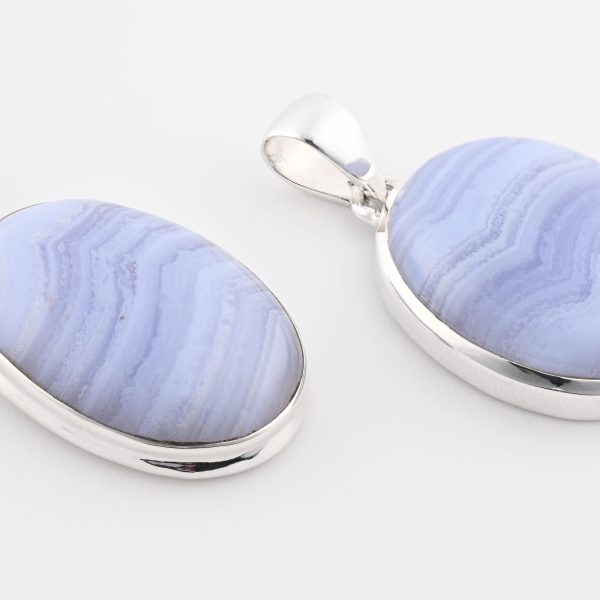 Blue Lace Agate (Namibia) Polished Stone on 0.925 Sterling Silver Pendant - Large Oval Stone