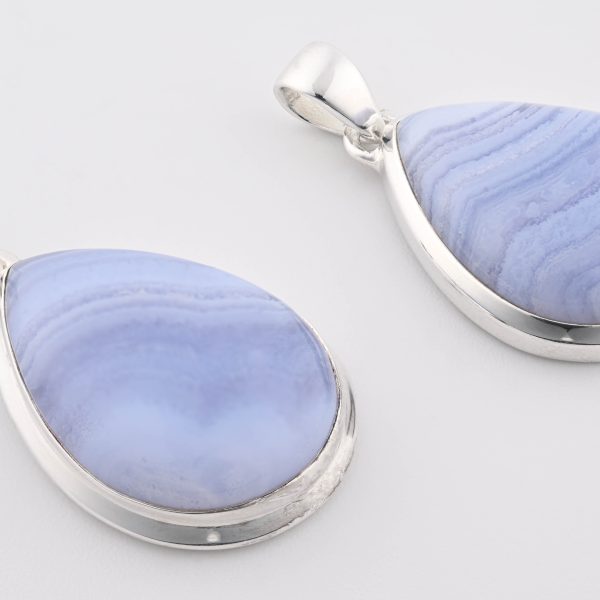 Blue Lace Agate (Namibia) Polished Stone on 0.925 Sterling Silver Pendant - Large Pear Stone