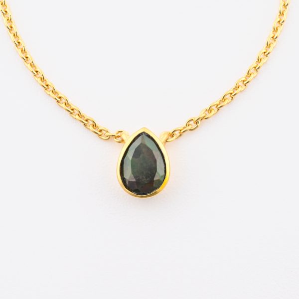 Faceted Stone On 18K Gold Vermeil .925 Ss 15" Necklace Black Opal (Ethiopia) Pear Stone