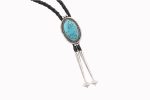 Kingman Turquoise Red Web Oval Stone On Beaded & Twisted 0.925 S.S. Bolo Tie With 43" Black Leather By Scott Skeets - Navajo