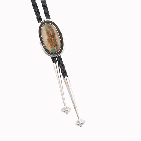 Royston Boulder/Ribbon Turquoise Oval Stone On Crimped/Twisted .925 Ss Bolo Tie With 43" Black Leather By Scott Skeets-Navajo