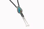 Royston Boulder/Ribbon Turquoise Pear Stone On Crimped/Twisted .925 Ss Bolo Tie With 44" Black Leather Scott Skeets - Navajo