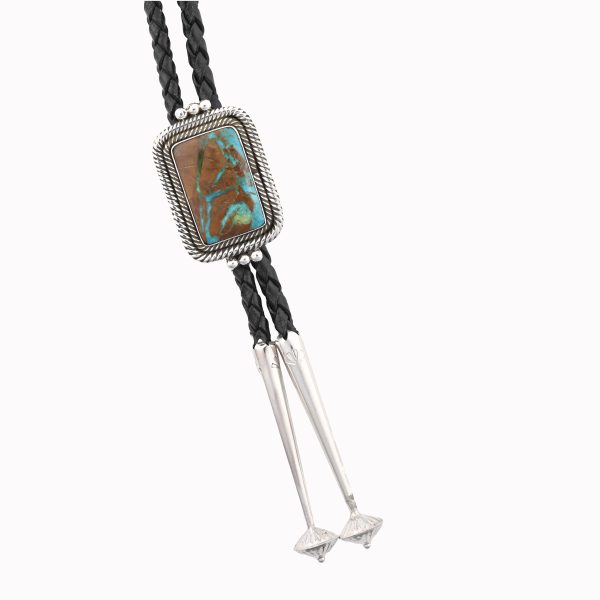Royston Boulder/Ribbon Turq. Rectangular Stone On Beaded/Twisted .925 Ss Bolo Tie W/ 43" Black Leather By Scott Skeets/Navajo