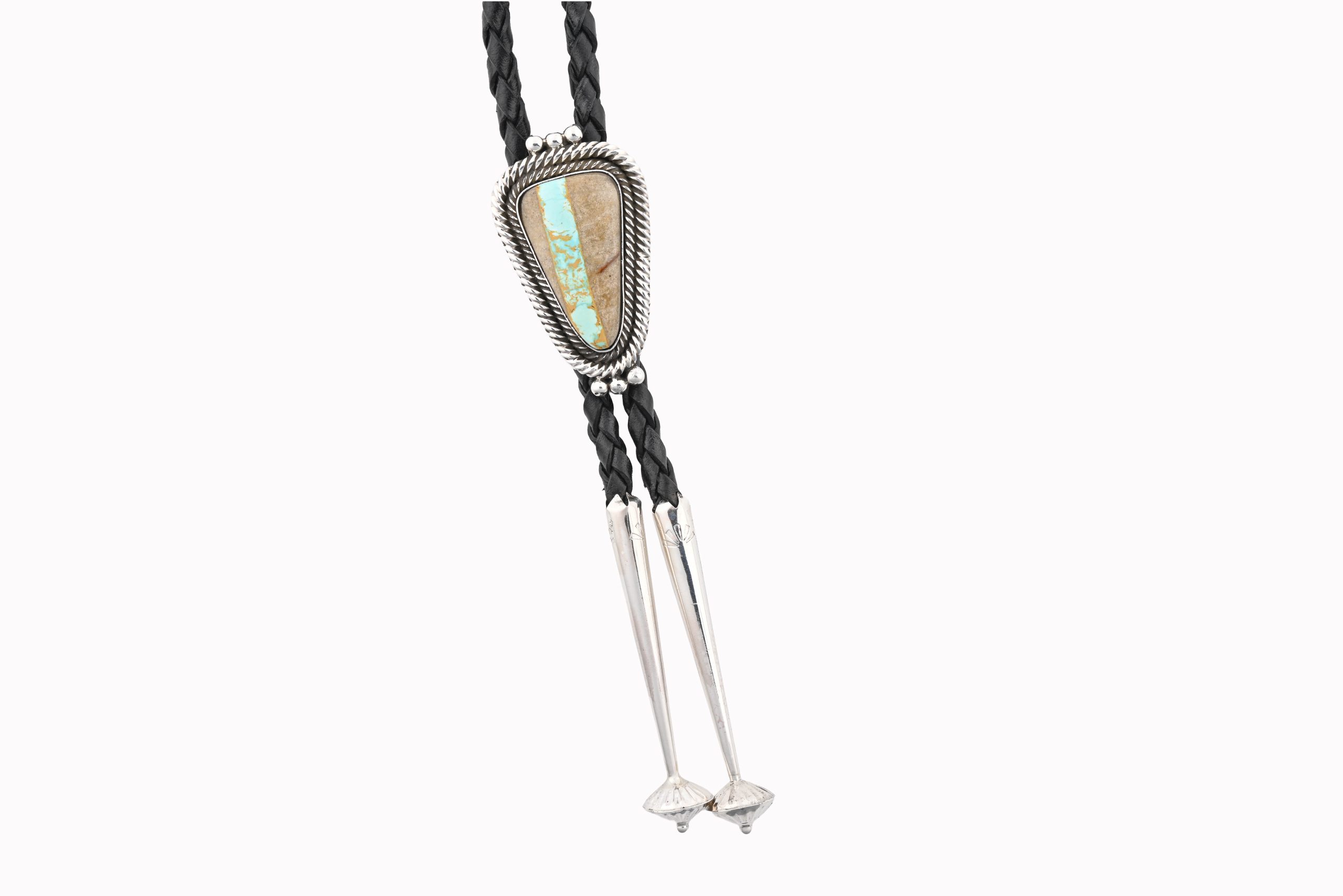 BOLO-RT4-ROYSTON-BOULDER-TURQUOISE-BOLO-TIE-45-INCHES-LONG-SCOTT-SKEETS-NAVAJO-WHITE-BLACK-NEVADA-POLISHED-UP-CLOSE-FRONT-BAREFOOT-NATIVE.jpg ROYSTON BOULDER/RIBBON TURQ. TRIANGULAR STONE ON BEADED/TWISTED .925 SS BOLO TIE WITH 45" BLACK LEATHER BY SCOTT SKEETS-NAVAJO - Image 1