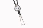 White Buffalo Triangular Stone On Crimped/Twisted .925 Ss Bolo Tie With 44" Black Leather By Scott Skeets - Navajo