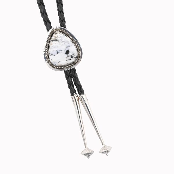 White Buffalo Triangular Stone On Crimped/Twisted .925 Ss Bolo Tie With 44" Black Leather By Scott Skeets - Navajo