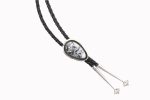 White Buffalo Pear Stone On Crimped/Twisted .925 Ss Bolo Tie With 46" Black Leather By Scott Skeets - Navajo - Image 5