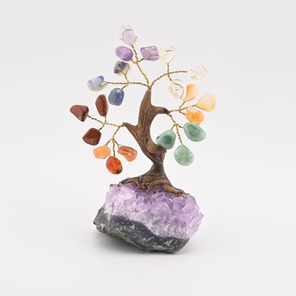 CHAKRA STONES (AMETHYST, CITRINE, AVENTURINE, SODALITE, QUARTZ, R. JASPER & CARNELIAN) ON AMETHYST BASE MEDIUM GEM TREE