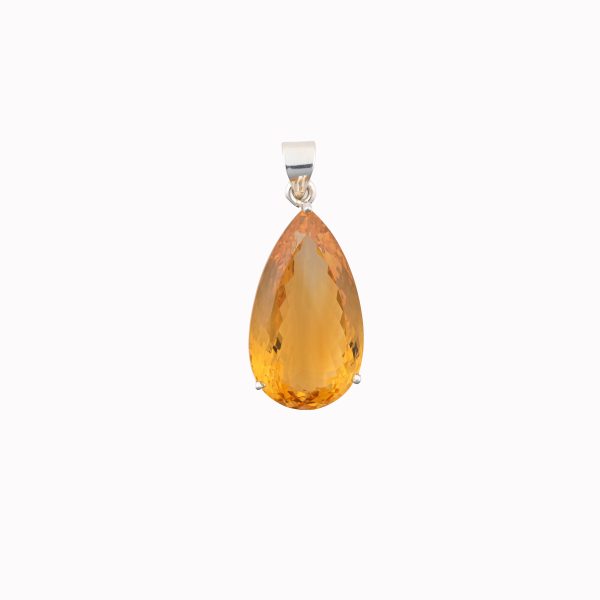 Citrine (Brazil) Large Faceted Pear Stone on 3-Prong 0.925 Sterling Silver Pendant