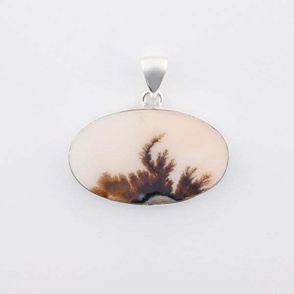 Dendritic Agate (India) Polished Stone on 0.925 Sterling Silver Pendant - Jumbo Horizontal Oval Stone