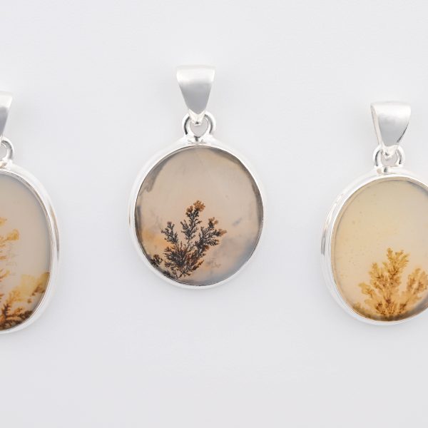 Dendritic Agate (India) Polished Stone on 0.925 Sterling Silver Pendant - Large Horizontal Oval Stone