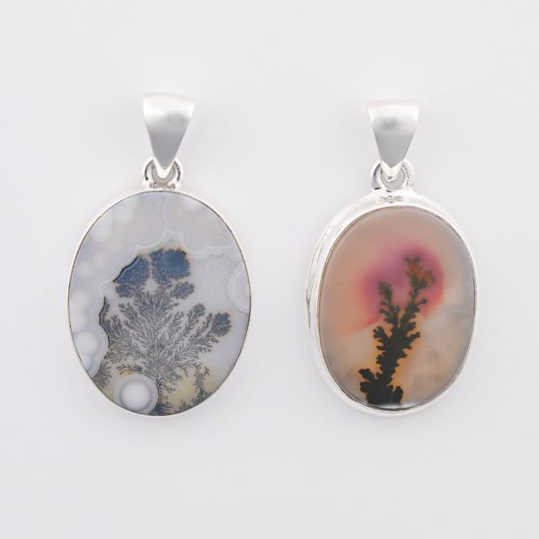 Dendritic Agate (India) Polished Stone on 0.925 Sterling Silver Pendant - Large Oval Stone