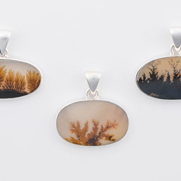 Dendritic Agate (India) Polished Stone on 0.925 Sterling Silver Pendant - Medium Oval Stone