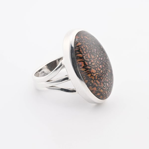 Dinosaur Bone Apatosaurus - 100 Mya (Ut, Usa) Large Polished Stone On 0.925 Sterling Silver Ring Size - 7 Oval Stone