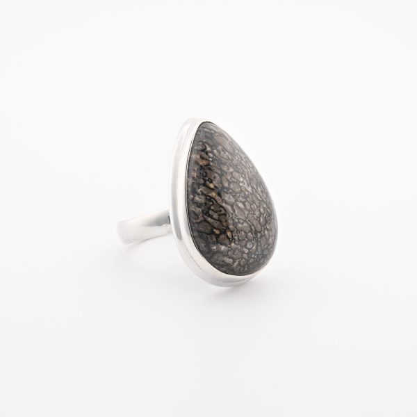 Dinosaur Bone Apatosaurus - 100 Mya (Ut, Usa) Large Polished Stone On 0.925 Sterling Silver Ring Size - 7.25 Pear Stone
