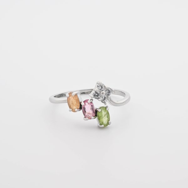 Mixed Tourmaline 3 Faceted Brilliant Oval Stones & 4 Cubic Zirconia Brilliant Stones On .925 Ss Adjustable Band Ring