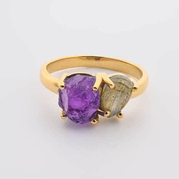 2-Stone Polished & Rough Stones On 18K Gold Vermeil 925 Ss Ring Labradorite (Madagascar) & Amethyst (Brazil) Size 8